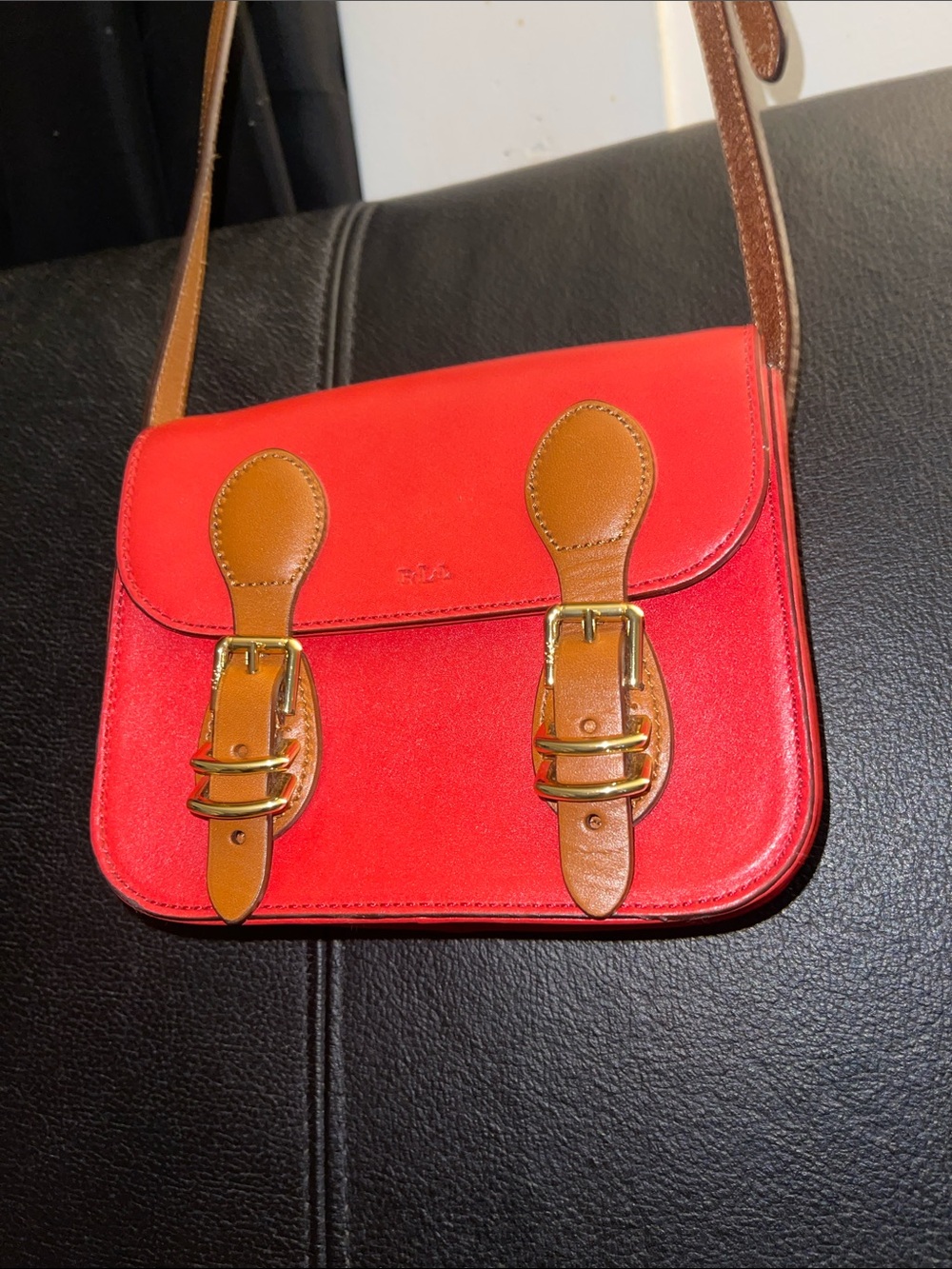 Lauren Ralph Lauren Mini Crossbody Messenger Bag Red/Tan leather w Dust Bag NWOT